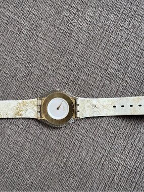 Swatch Skin White and Gold Patterned Leather Strap Watch